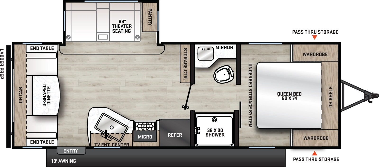 The Aurora 23MKS floorplan has one entry and one slide out. Exterior features include: metal exterior and 18' awning. Interiors features include: u-dinette, front bedroom and pass through bathroom.